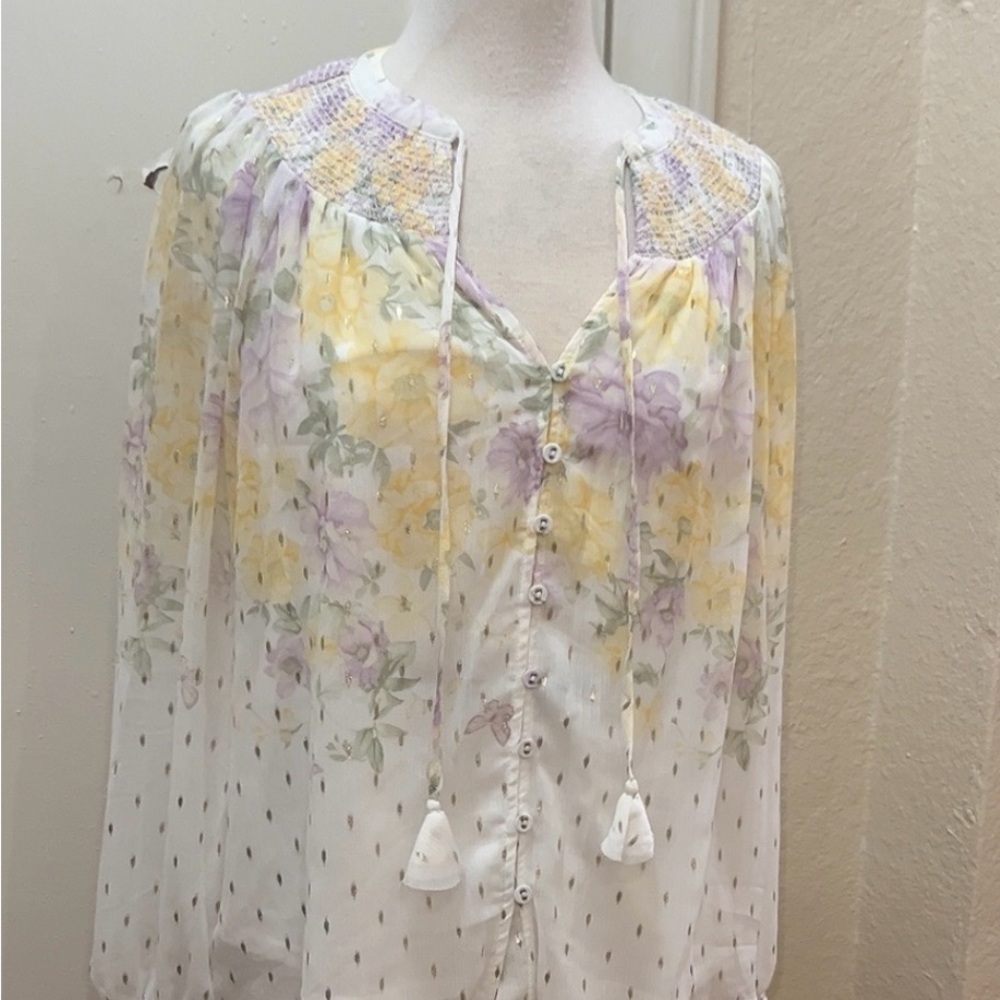 Floral Smocked Yoke Button-Front Blouse — White with Yellow & Lavender